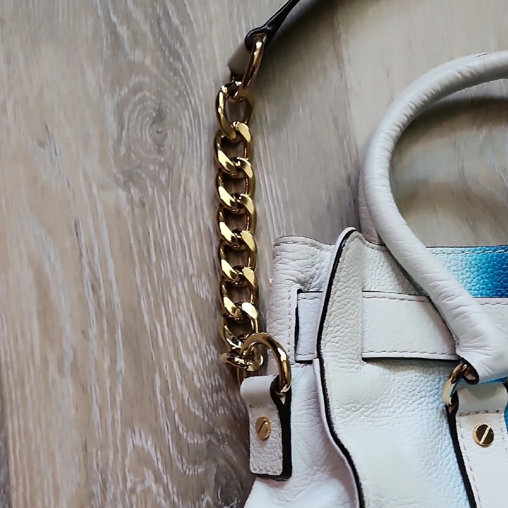 MICHAEL KORS HAMILTON SPRAY WHITE/ SUMMER BLUE EW SATCHEL  LEATHER HANDBAG PURSE